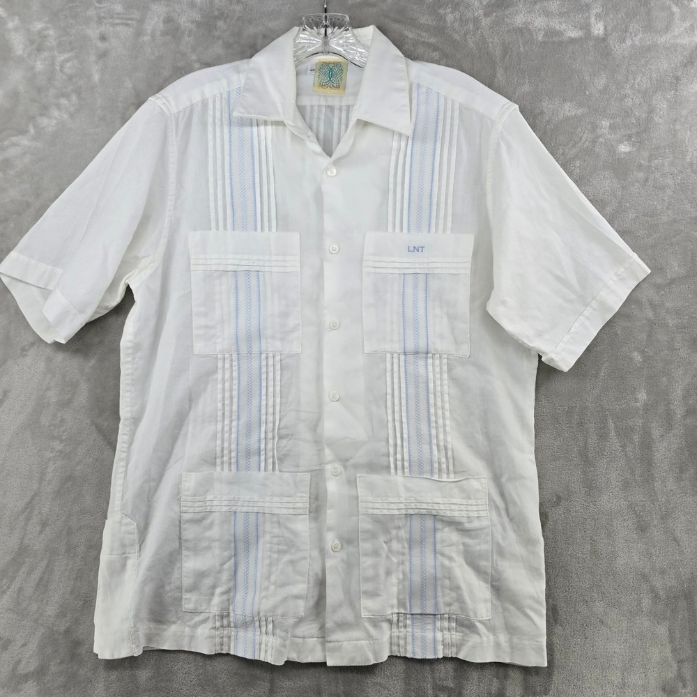 Dos Carolinas Guayabera Shirt Mens Small White Blue Embroidered Cotton